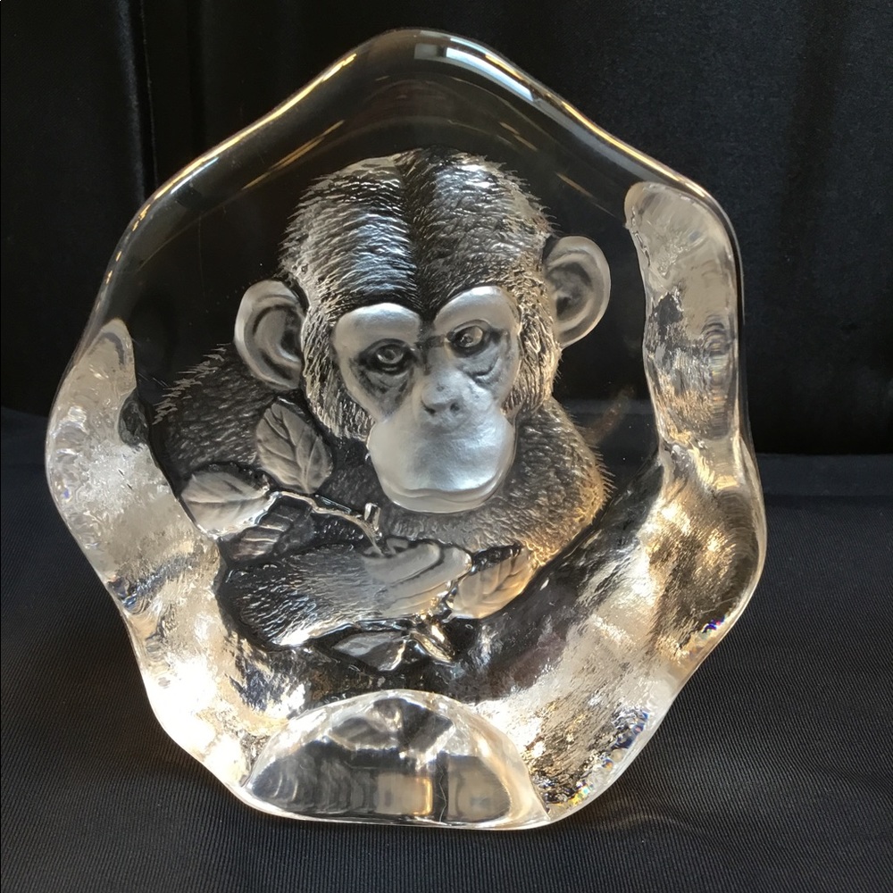 Chimpanzee by Mats Jonasson Sweden, laser signed, paperweight, 3 dimensional